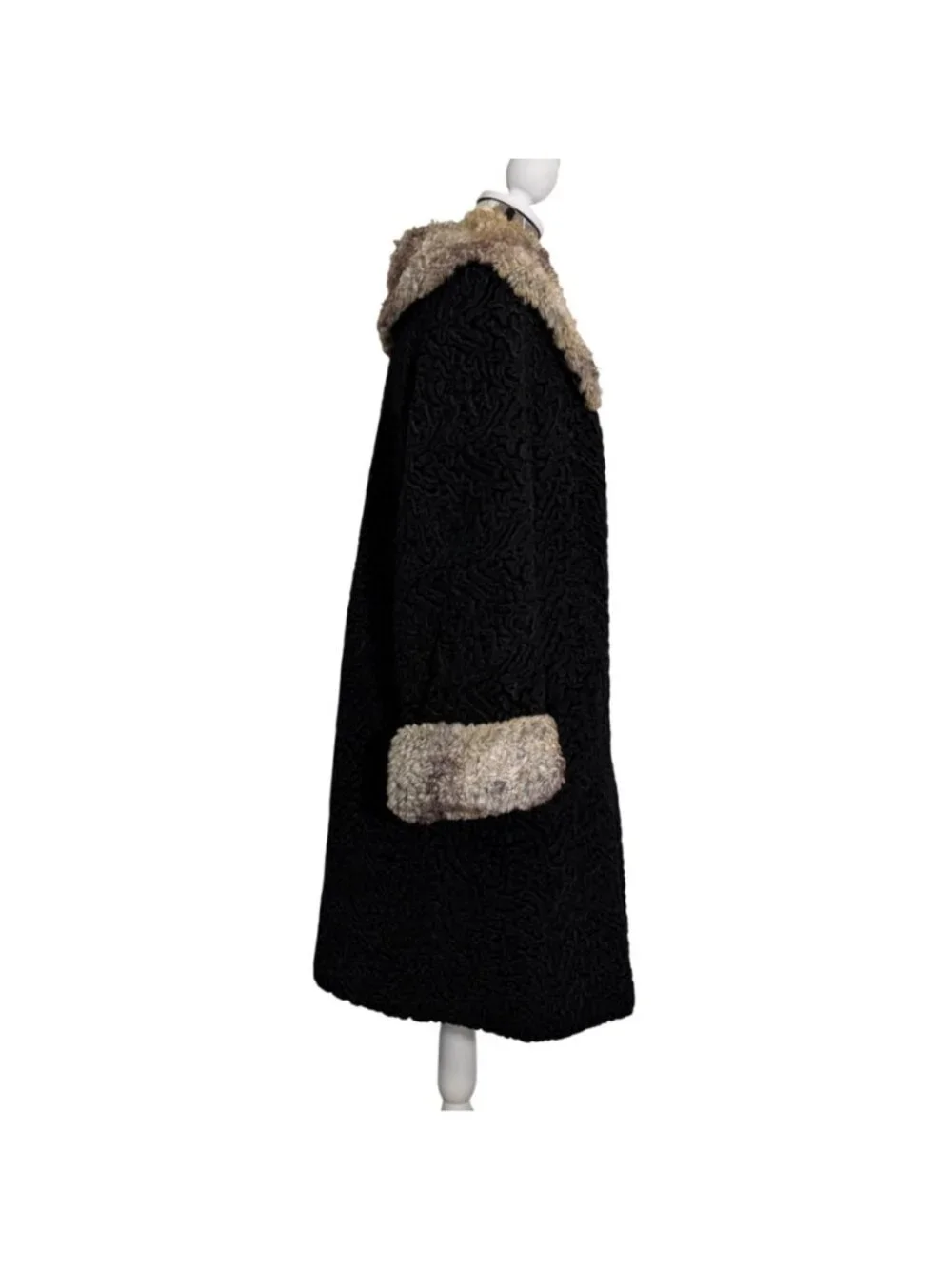 VTG Black Persian Curly Lamb Coat, Curly Fur Collar + Cuffs Mid-Length By Pogues